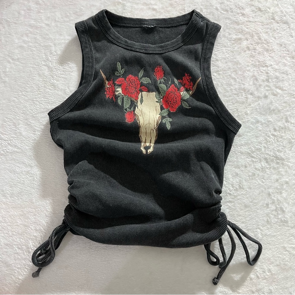 Desert Cowgirl Faded Graphic Scrunch Side Tank Crop Top Ribbed Country Concert